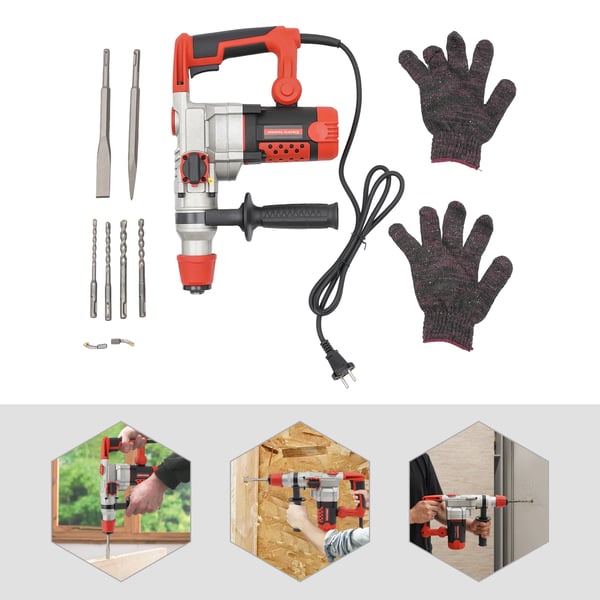 2200W elektrisk borehammer/nedbrydningshammer, håndholdt betonbryder, 0-930 o/min, med 6 tilbehør, rød