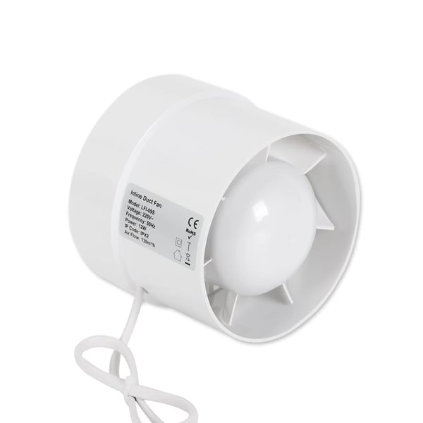 Rørventilator / Kanalventilator - In-line - Diameter 100 mm - Luftflow 100 m³/h - Lydniveau 34 dB - Hastighed 2400 rpm - 220 V 50 Hz - Hvid