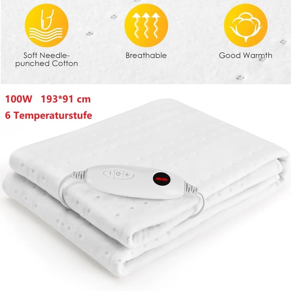 Sähköinen lämpöpatja - EU-MP2410 Päällyspatja 193 x 91 cm - 6 Lämpötilaa - 8 h Automaattisammutus - 100 W - EU-pistoke - Puuvilla - Valkoinen