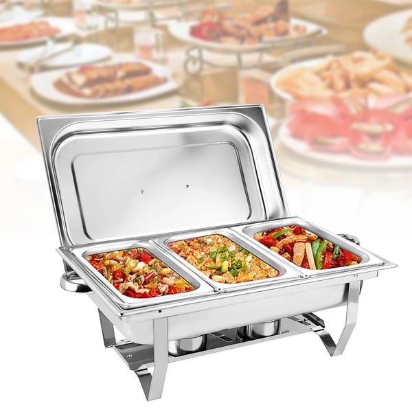 Buffetvarmer Chafing Dish - Rektangulær Madvarmer - 3 Sektioner 3×3 L (9 L) - Rustfrit Stål - Til Catering & Buffet