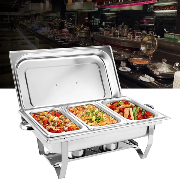 Buffetvarmer Chafing Dish - Rektangulær Madvarmer - 3 Sektioner 3×3 L (9 L) - Rustfrit Stål - Til Catering & Buffet