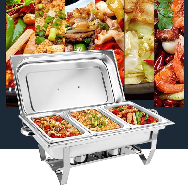Buffetvarmer Chafing Dish - Rektangulær Madvarmer - 3 Sektioner 3×3 L (9 L) - Rustfrit Stål - Til Catering & Buffet