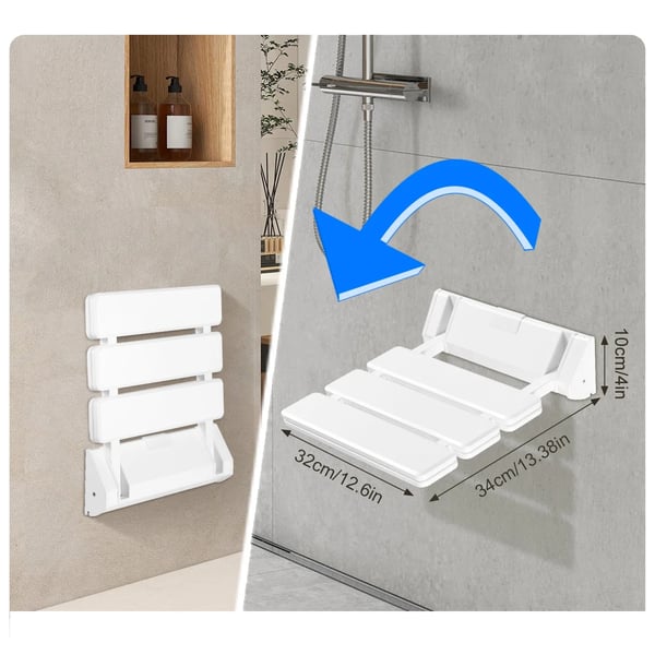 Foldbart Brusersæde - Vægmonteret - Maks Belastning 130 kg - Ergonomisk - Pladsbesparende - Uden Ben - Hvid