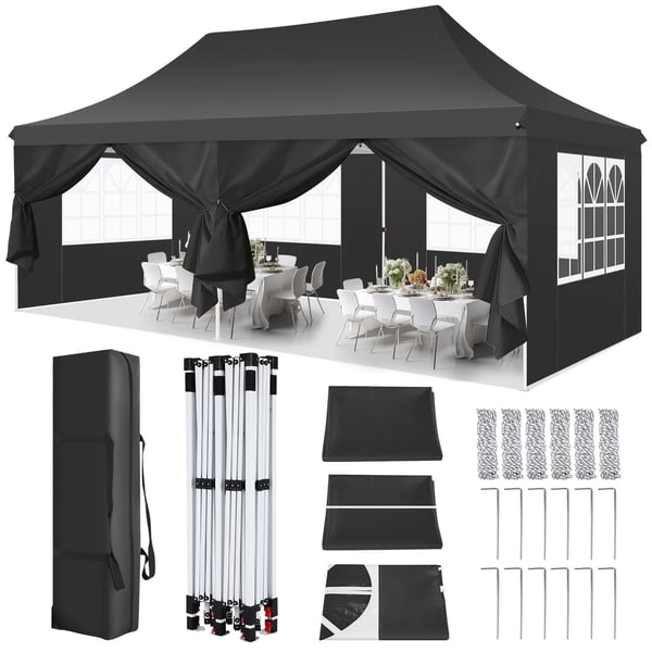 Paviljonki - Pop-up juhlateltta - 3x6 m - Vedenpitävä PU-pinnoite - UV 50+ - Korkeussäädettävä 2–3 m - 6 sivuseinää - Alumiinirunko - Musta