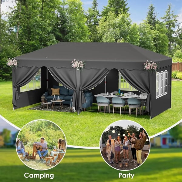 Pop up pavillon - Foldbart festtelt - 3x6 m vandtæt - 6 sidevægge, helt lukket - UV 50+ - Højdejusterbar 2–3 m - Mørkegrå