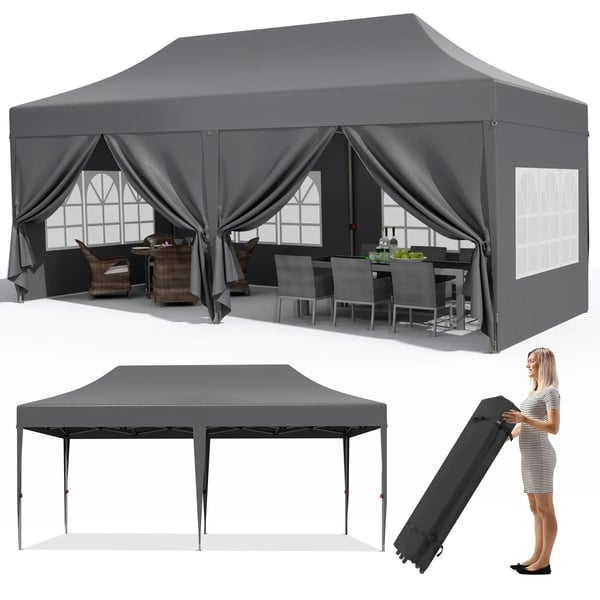 Pop up pavillon - Foldbart festtelt - 3x6 m vandtæt - 6 sidevægge, helt lukket - UV 50+ - Højdejusterbar 2–3 m - Mørkegrå