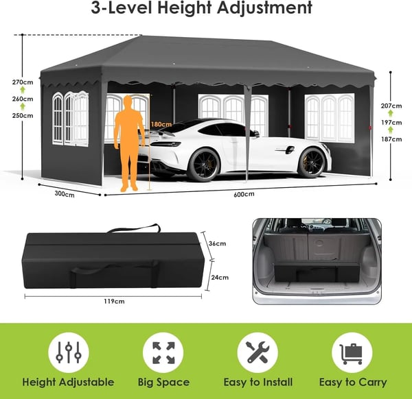 Pop up pavillon - Foldbart festtelt - 3x6 m vandtæt - 6 sidevægge, helt lukket - UV 50+ - Højdejusterbar 2–3 m - Mørkegrå