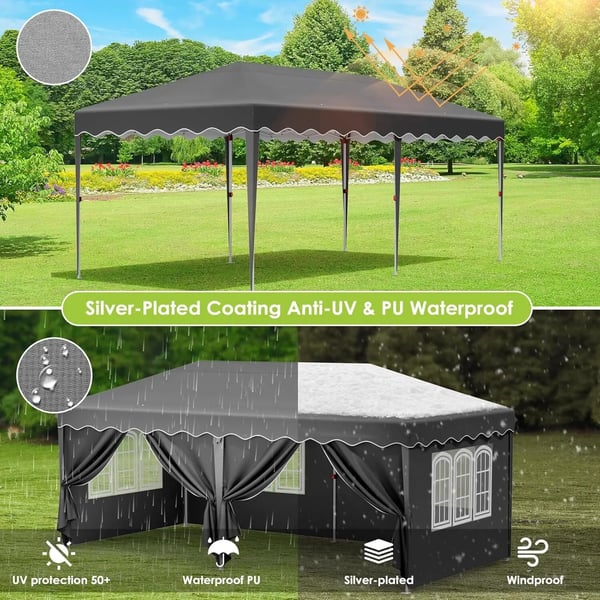 Pop up pavillon - Foldbart festtelt - 3x6 m vandtæt - 6 sidevægge, helt lukket - UV 50+ - Højdejusterbar 2–3 m - Mørkegrå