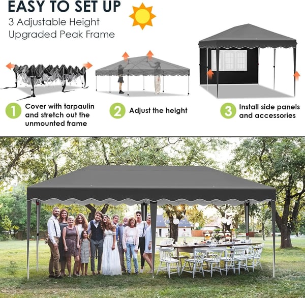Pop up pavillon - Foldbart festtelt - 3x6 m vandtæt - 6 sidevægge, helt lukket - UV 50+ - Højdejusterbar 2–3 m - Mørkegrå
