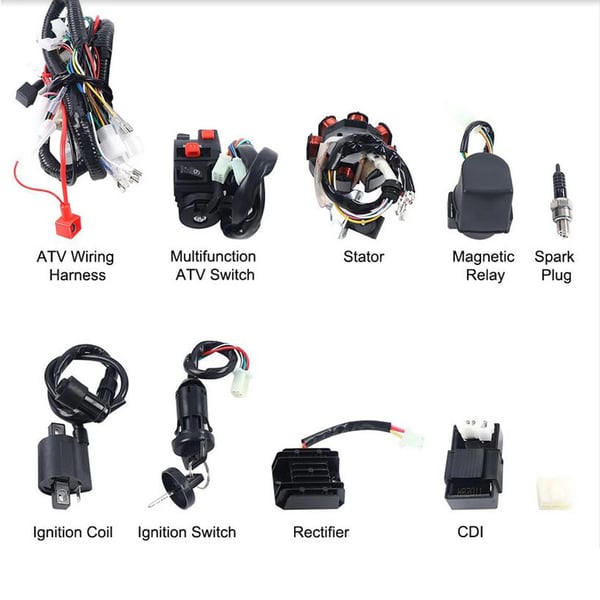 ATV/Quad - Ledningsnet - Komplet Sæt - CDI + Ensretter/Regulator - Til 150–250 cc - Kobberledninger - Sort
