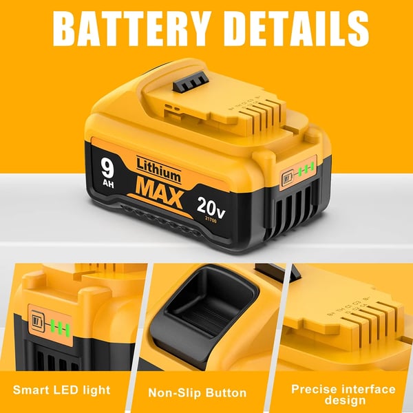 DeWalt 20V udskiftningsbatteri DCB200, 9000 mAh 21700 Li-ion, sort, kompatibel med DCB182 DCB180 DCB181