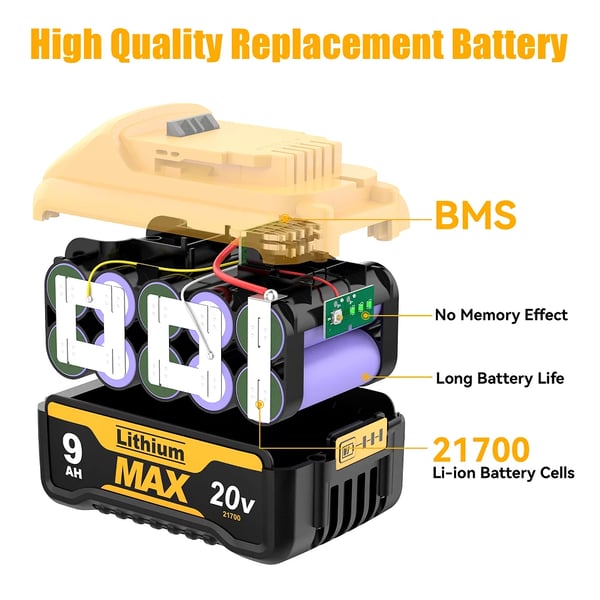 DeWalt 20V udskiftningsbatteri DCB200, 9000 mAh 21700 Li-ion, sort, kompatibel med DCB182 DCB180 DCB181