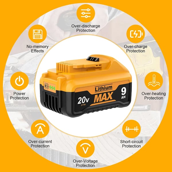 DeWalt 20V udskiftningsbatteri DCB200, 9000 mAh 21700 Li-ion, sort, kompatibel med DCB182 DCB180 DCB181