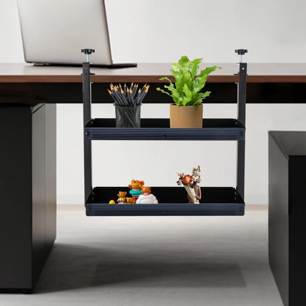 Skrivebordshylde - Klemmemonteret hjørnehylde - 2 niveauer - Over eller under bord - Kulstofstål - 44×39,3×15,3 cm - Sort