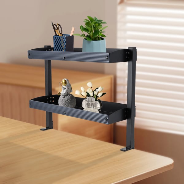 Skrivebordshylde - Klemmemonteret hjørnehylde - 2 niveauer - Over eller under bord - Kulstofstål - 44×39,3×15,3 cm - Sort