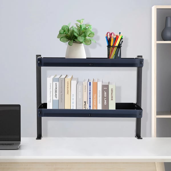 Skrivebordshylde - Klemmemonteret hjørnehylde - 2 niveauer - Over eller under bord - Kulstofstål - 44×39,3×15,3 cm - Sort