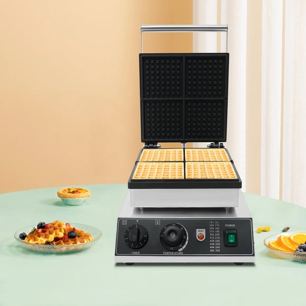 Kommercielt vaffeljern, non-stick vaffelbager, 50–300°C temperaturområde og tidskontrol, til caféer og bagerier, sølv