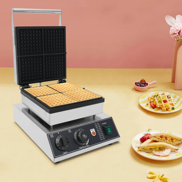 Kommercielt vaffeljern, non-stick vaffelbager, 50–300°C temperaturområde og tidskontrol, til caféer og bagerier, sølv