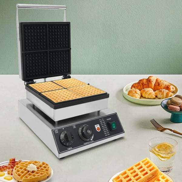Kommercielt vaffeljern, non-stick vaffelbager, 50–300°C temperaturområde og tidskontrol, til caféer og bagerier, sølv