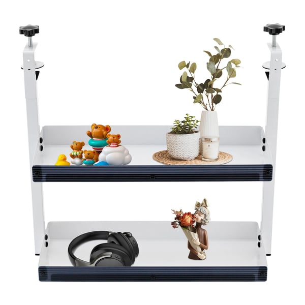 Klemme-monteret skrivebordshylde - Hjørnehylde - Dobbelt lag - Til over/under bord - Kulstofstål - Størrelse L 44×39,3×15,3 cm - Hvid