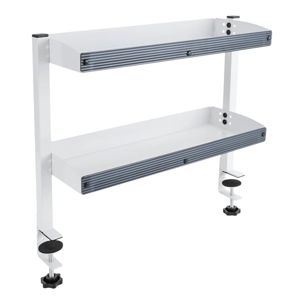 Klemme-monteret skrivebordshylde - Hjørnehylde - Dobbelt lag - Til over/under bord - Kulstofstål - Størrelse L 44×39,3×15,3 cm - Hvid