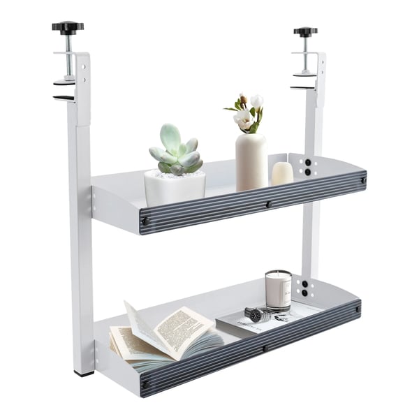 Klemme-monteret skrivebordshylde - Hjørnehylde - Dobbelt lag - Til over/under bord - Kulstofstål - Størrelse L 44×39,3×15,3 cm - Hvid