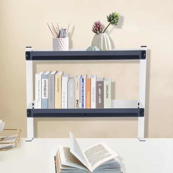 Klemme-monteret skrivebordshylde - Hjørnehylde - Dobbelt lag - Til over/under bord - Kulstofstål - Størrelse L 44×39,3×15,3 cm - Hvid