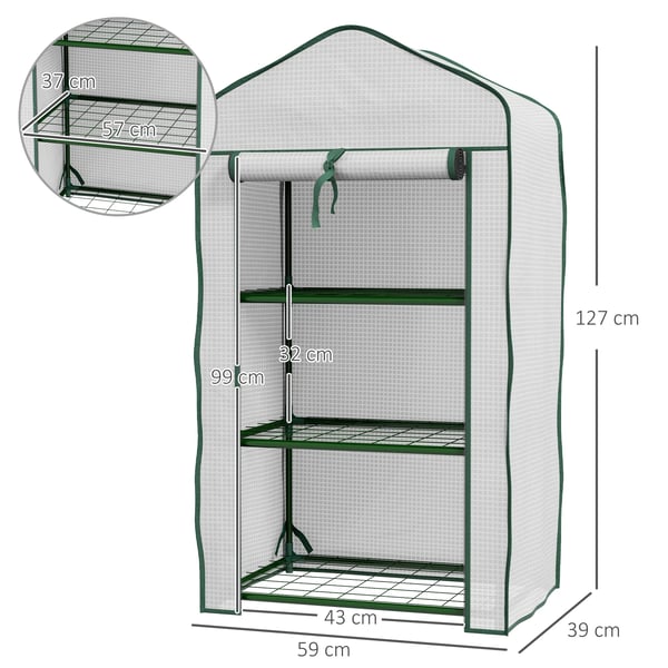 Mini växthus - Trädgårdsdrivhus - 3 våningar - 59 x 39 x 127 cm - Vattentätt - Vit