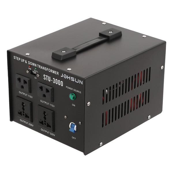 3000W spændingsomformer, op-/ned-transformer, 110V↔220V, 5V USB-port, robust konstruktion, sort