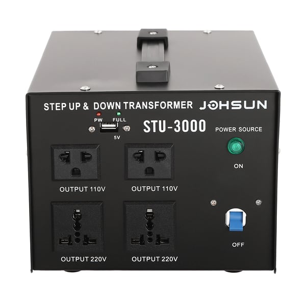 3000W spændingsomformer, op-/ned-transformer, 110V↔220V, 5V USB-port, robust konstruktion, sort