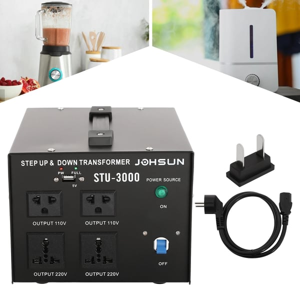 3000W spændingsomformer, op-/ned-transformer, 110V↔220V, 5V USB-port, robust konstruktion, sort