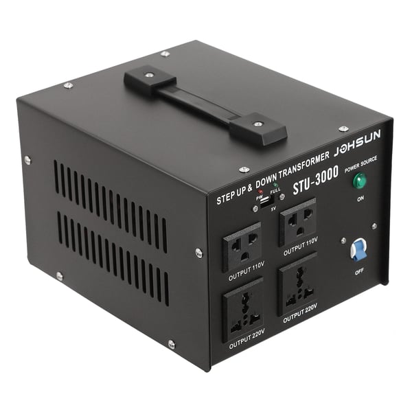 3000W spændingsomformer, op-/ned-transformer, 110V↔220V, 5V USB-port, robust konstruktion, sort
