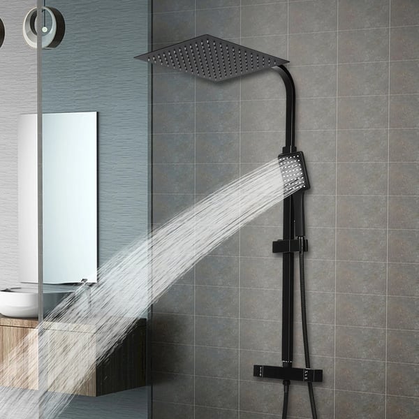 Termostatisk brusesæt - Brusesystem - Højdejusterbart - Firkantet brusehoved - Rustfrit stål - Udtrækkelig håndbruser - Sort