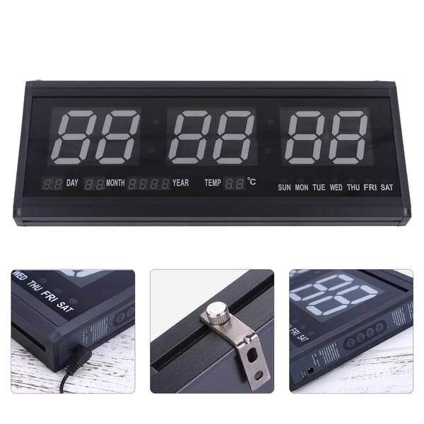 Vægur - Digital LED - Ekstra Stor 48 cm - 23 cm Display - Lydløs - Batterier Medfølger Ikke - Sort
