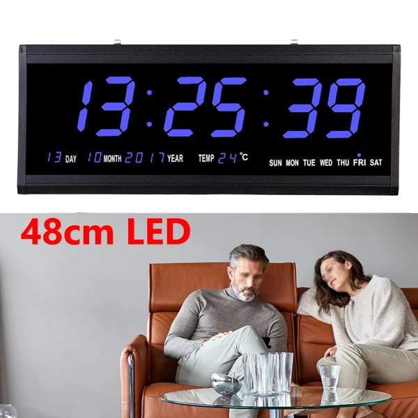 Vægur - Digital LED - Ekstra Stor 48 cm - 23 cm Display - Lydløs - Batterier Medfølger Ikke - Sort
