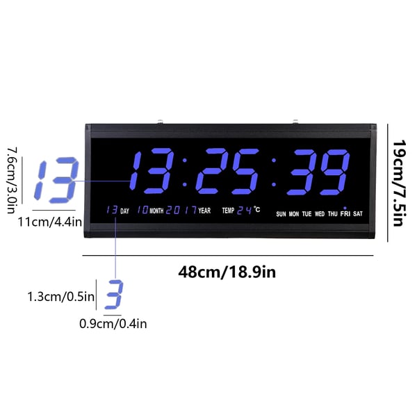 Vægur - Digital LED - Ekstra Stor 48 cm - 23 cm Display - Lydløs - Batterier Medfølger Ikke - Sort