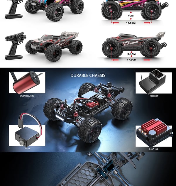 RC terrængbil - 16207 1:16 - Børsteløs 2445 4-polet motor - 2,4 GHz fjernstyring - 2 batterier - Rækkevidde 60–80 m - RTR - Hvid
