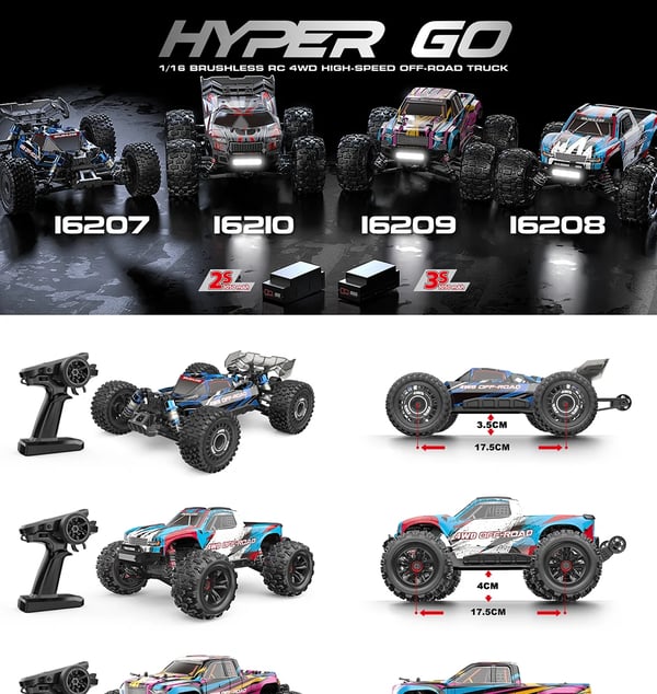 RC terrængbil - 16207 1:16 - Børsteløs 2445 4-polet motor - 2,4 GHz fjernstyring - 2 batterier - Rækkevidde 60–80 m - RTR - Hvid
