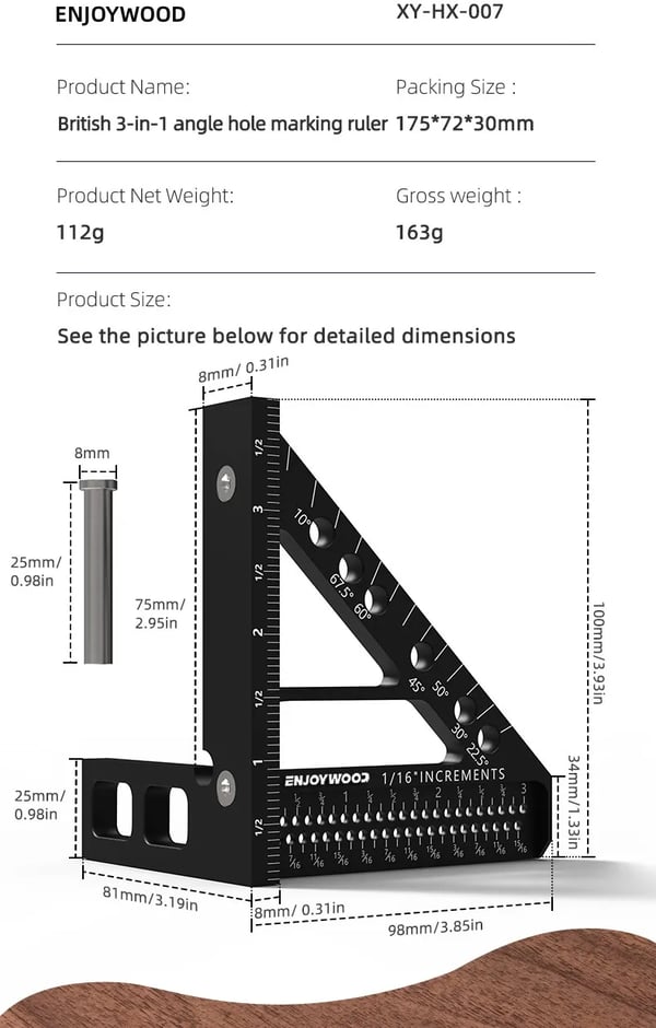 3D Målelineal - 3-i-1 Vinkelmåler/Kombinationsvinkel - Aluminiumlegering - Multivinkel Måling - Hulpositionering - Metrisk Skala mm/cm - Beige