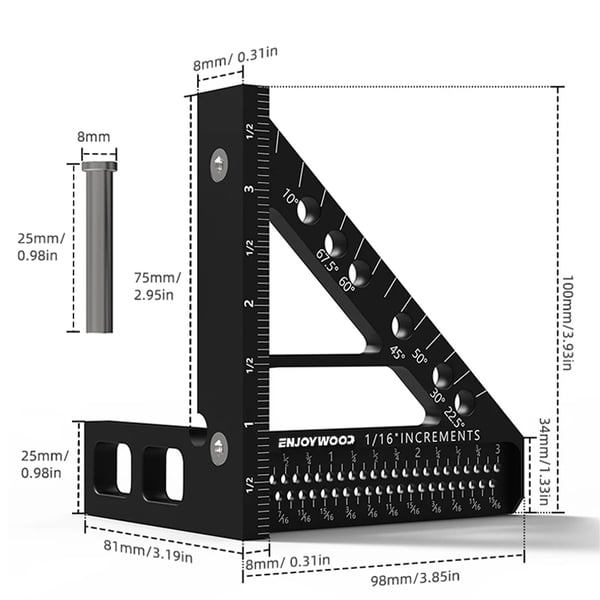 3D Målelineal - 3-i-1 Vinkelmåler/Kombinationsvinkel - Aluminiumlegering - Multivinkel Måling - Hulpositionering - Metrisk Skala mm/cm - Beige