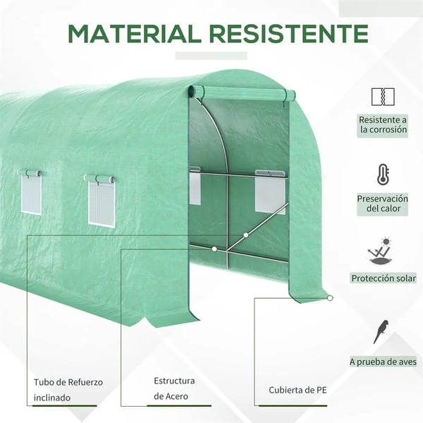 Växthustunnel - Trädgårdsväxthus - Polytunnel - Mått 400 x 200 x 200 cm - Med 6 fönster - Vattentät - Grön
