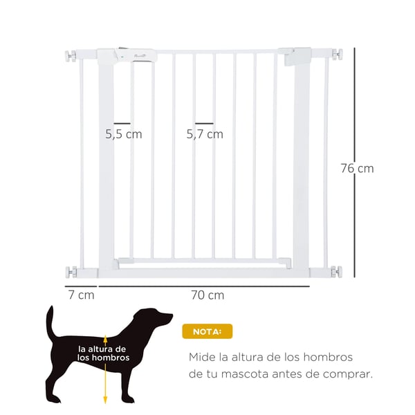 Hundgrind - Säkerhetsgrind - Justerbar bredd 75–96 cm - Höjd 76 cm - Med 2 förlängningar - För trappor och dörrar - Vit
