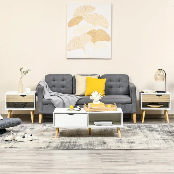 Sängbord 2-pack - Nattduksbord - 1 Låda och Hylla - 50x39x51 cm - Melamin/Trä - Modern Marockansk Stil - Vit & Ek