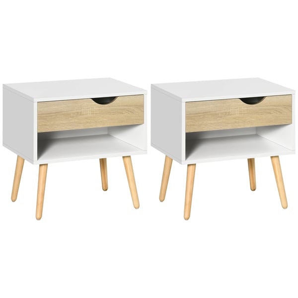 Sängbord 2-pack - Nattduksbord - 1 Låda och Hylla - 50x39x51 cm - Melamin/Trä - Modern Marockansk Stil - Vit & Ek