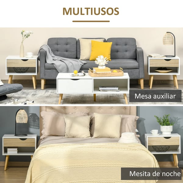 Sängbord 2-pack - Nattduksbord - 1 Låda och Hylla - 50x39x51 cm - Melamin/Trä - Modern Marockansk Stil - Vit & Ek