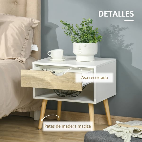Sängbord 2-pack - Nattduksbord - 1 Låda och Hylla - 50x39x51 cm - Melamin/Trä - Modern Marockansk Stil - Vit & Ek