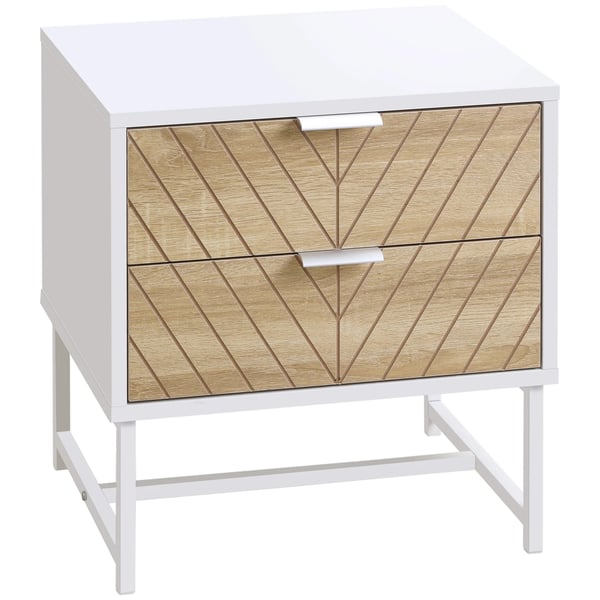 Sängbord - Nattduksbord - Med Lådor - Stålben - Melaminträ - 45×39×48 cm - Vit och Ek