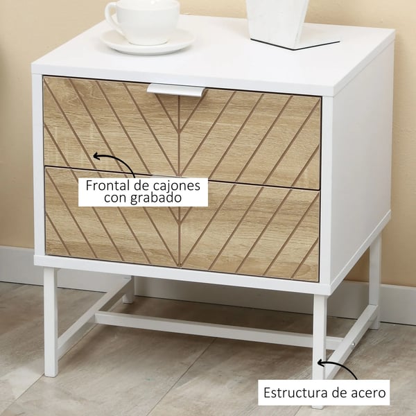 Sängbord - Nattduksbord - Med Lådor - Stålben - Melaminträ - 45×39×48 cm - Vit och Ek