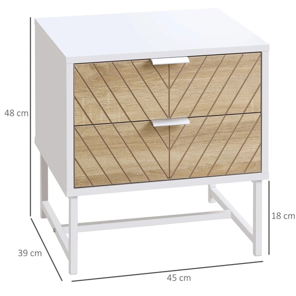Sängbord - Nattduksbord - Med Lådor - Stålben - Melaminträ - 45×39×48 cm - Vit och Ek