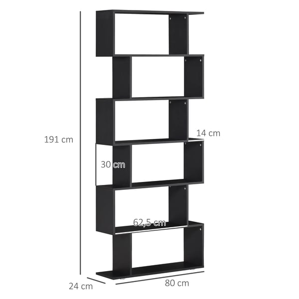 Bokhylla - S-form - 6 Hyllplan - 80×24×191 cm - PVC - Självmontering - Svart